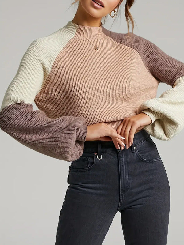 Women’s Pullover Sweater – Oversized Fit – Ribbed Knit – Mock Neck – Cropped Length