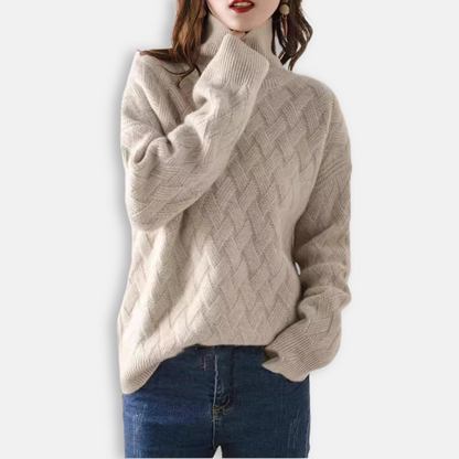 Women’s Pullover Sweater – Oversized Fit – Ribbed Turtleneck – Textured Wool Knit