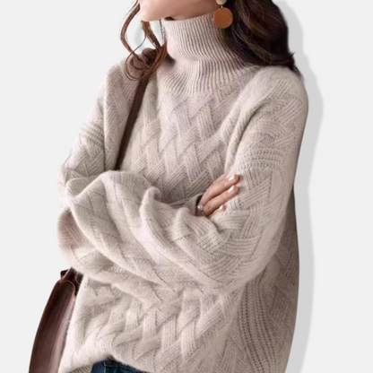 Women’s Pullover Sweater – Oversized Fit – Ribbed Turtleneck – Textured Wool Knit
