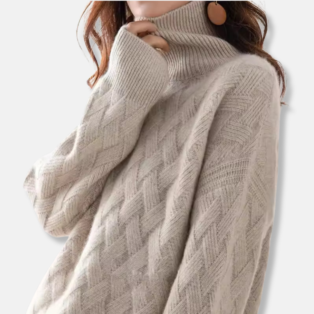 Women’s Pullover Sweater – Oversized Fit – Ribbed Turtleneck – Textured Wool Knit