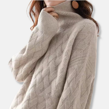 Women’s Pullover Sweater – Oversized Fit – Ribbed Turtleneck – Textured Wool Knit