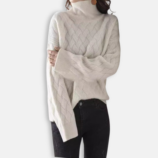 Women’s Pullover Sweater – Oversized Fit – Ribbed Turtleneck – Textured Wool Knit