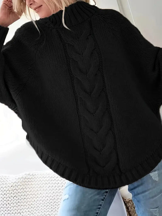 Women’s Pullover Sweater – Oversized Fit – Wool Blend – Cable Knit – Turtleneck