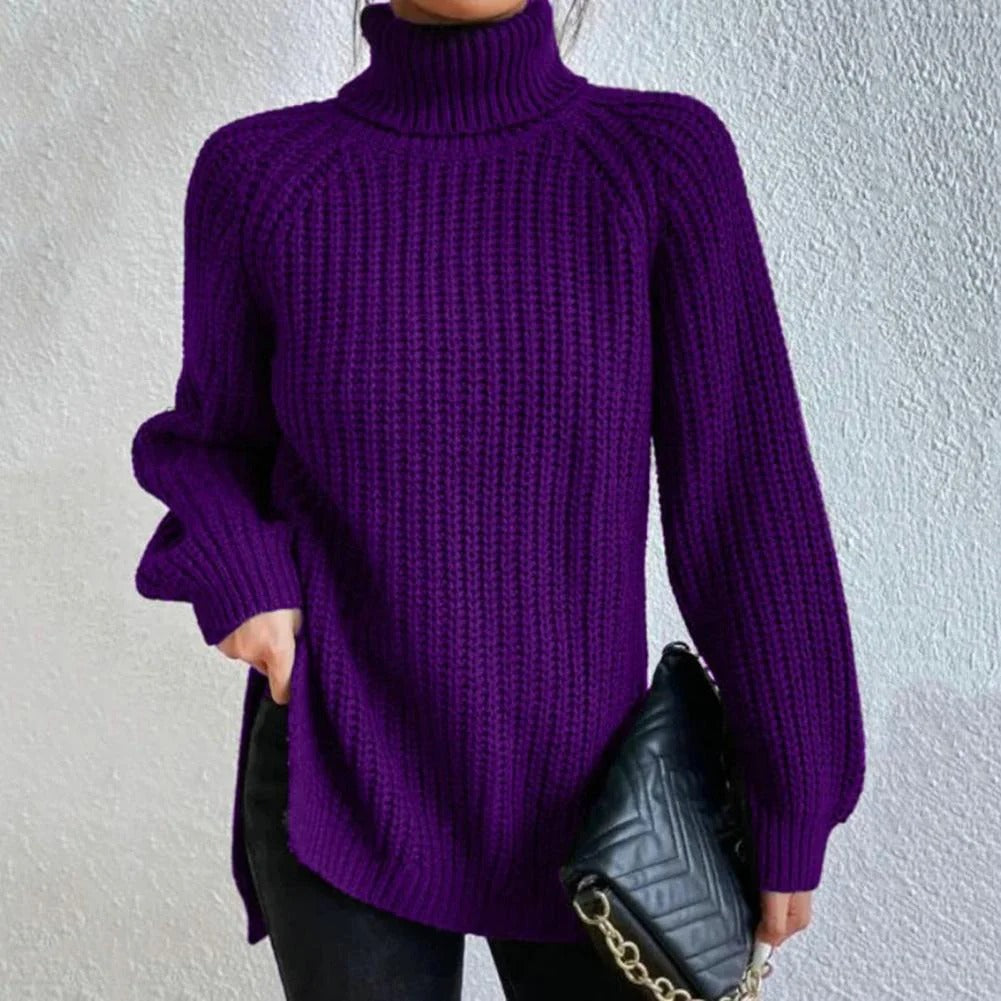 Women’s Pullover Sweater – Oversized Longline Fit – Chunky Wool Knit – Turtleneck Ribbed Design