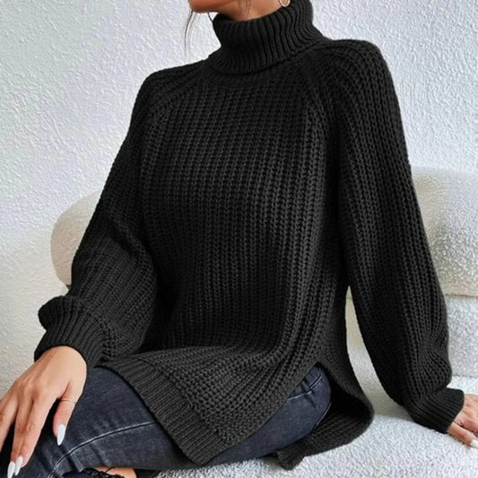 Women’s Pullover Sweater – Oversized Longline Fit – Chunky Wool Knit – Turtleneck Ribbed Design