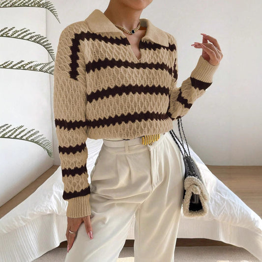 Women’s Pullover Sweater – Relaxed Fit – Polo Collar – Chunky Knit Striped Design
