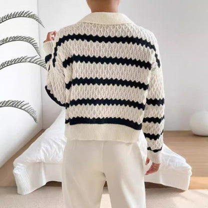 Women’s Pullover Sweater – Relaxed Fit – Polo Collar – Chunky Knit Striped Design