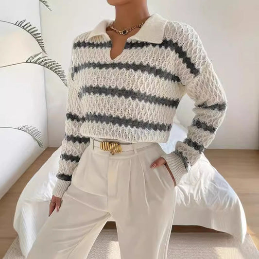 Women’s Pullover Sweater – Relaxed Fit – Polo Collar – Chunky Knit Striped Design