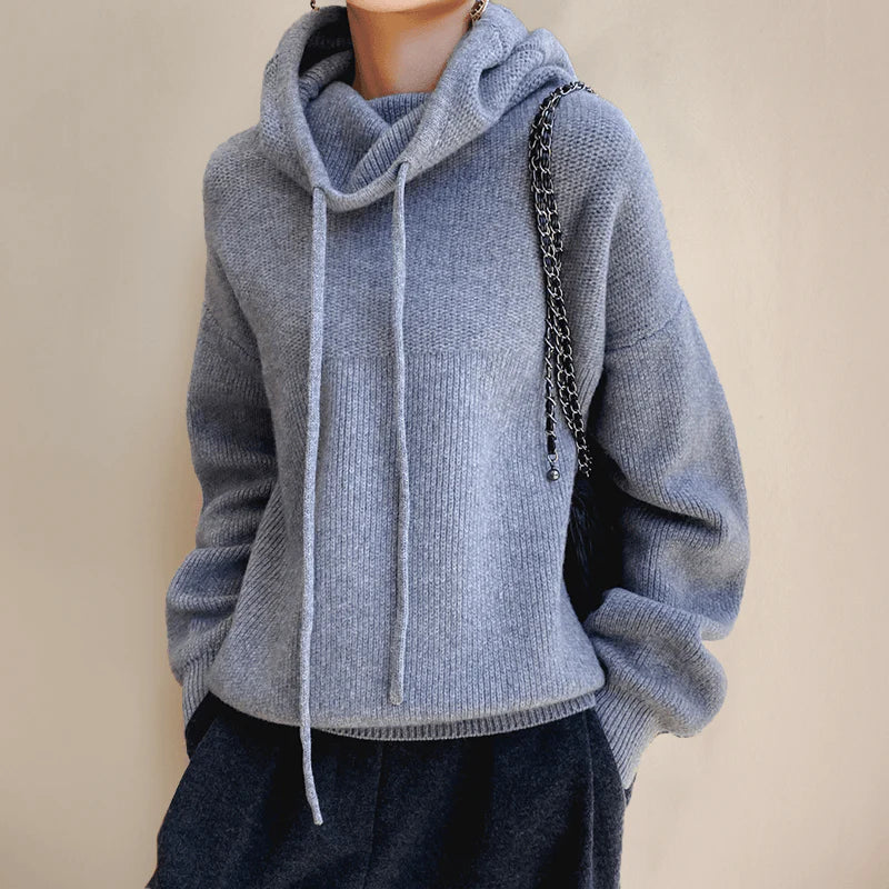 Women’s Pullover Sweater – Relaxed Fit – Wool Feel – Cowl Neck with Drawstrings – Ribbed Trim
