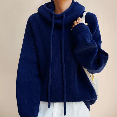 Women’s Pullover Sweater – Relaxed Fit – Wool Feel – Cowl Neck with Drawstrings – Ribbed Trim
