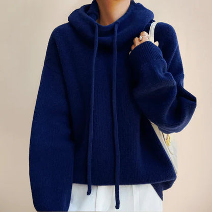 Women’s Pullover Sweater – Relaxed Fit – Wool Feel – Cowl Neck with Drawstrings – Ribbed Trim