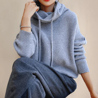 Women’s Pullover Sweater – Relaxed Fit – Wool Feel – Cowl Neck with Drawstrings – Ribbed Trim