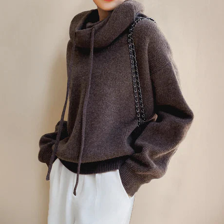 Women’s Pullover Sweater – Relaxed Fit – Wool Feel – Cowl Neck with Drawstrings – Ribbed Trim