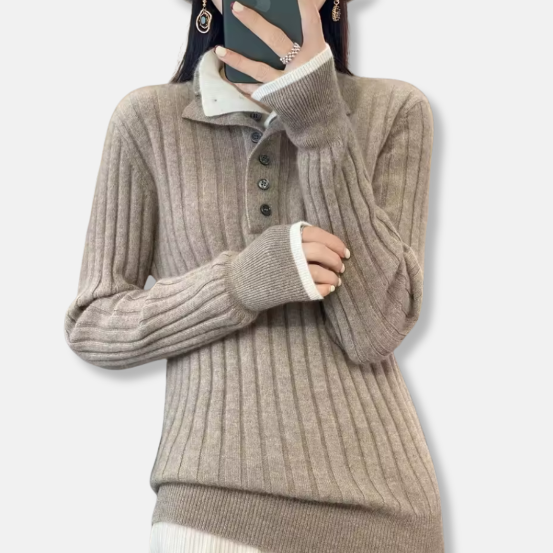 Women’s Pullover Sweater – Ribbed Knit – Shirt Collar – Button Placket – Relaxed Fit