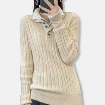 Women’s Pullover Sweater – Ribbed Knit – Shirt Collar – Button Placket – Relaxed Fit