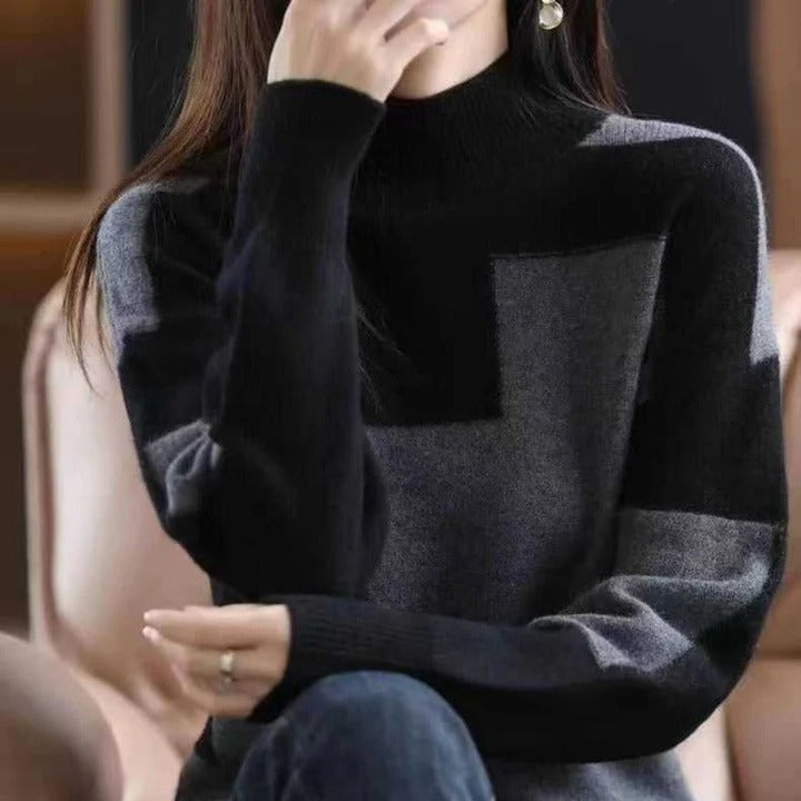 Women’s Pullover Sweaters – Relaxed Fit – Knit Texture – Mock Neck – Geometric Patchwork