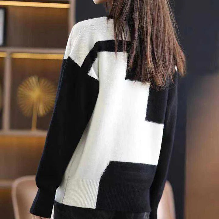 Women’s Pullover Sweaters – Relaxed Fit – Knit Texture – Mock Neck – Geometric Patchwork