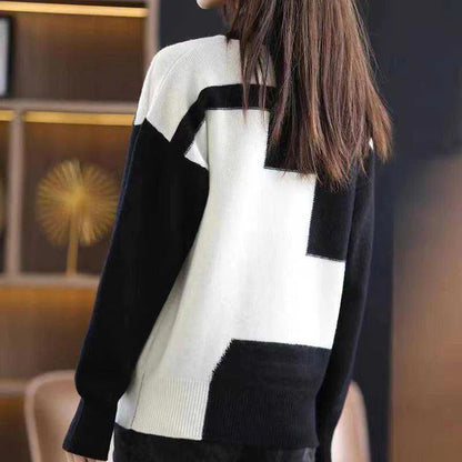 Women’s Pullover Sweaters – Relaxed Fit – Knit Texture – Mock Neck – Geometric Patchwork
