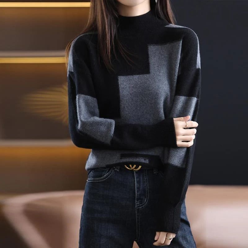 Women’s Pullover Sweaters – Relaxed Fit – Knit Texture – Mock Neck – Geometric Patchwork