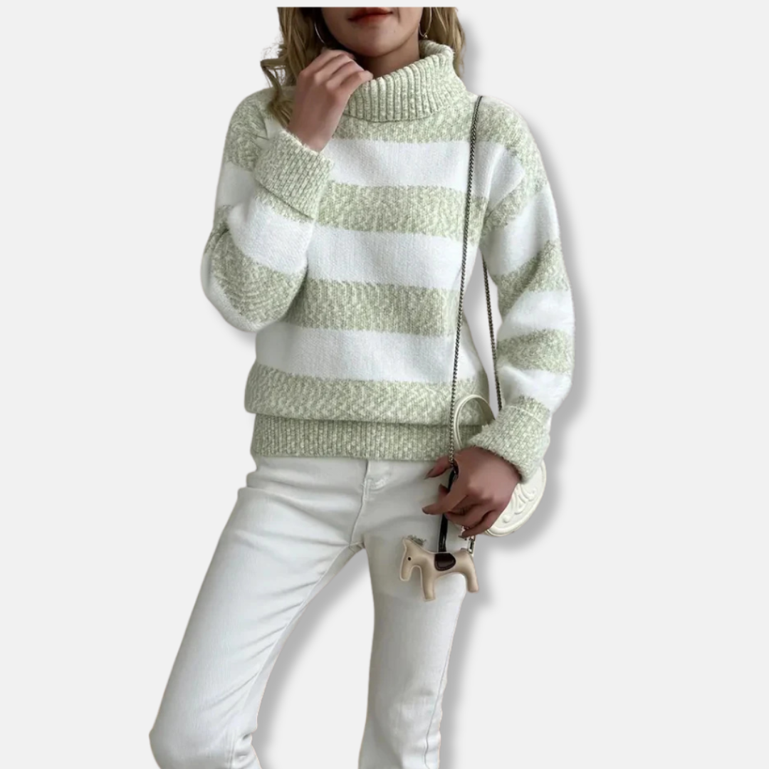 Women’s Pullover Sweatshirt – Loose Fit – Plush Knit – Ribbed Turtleneck – Striped Texture