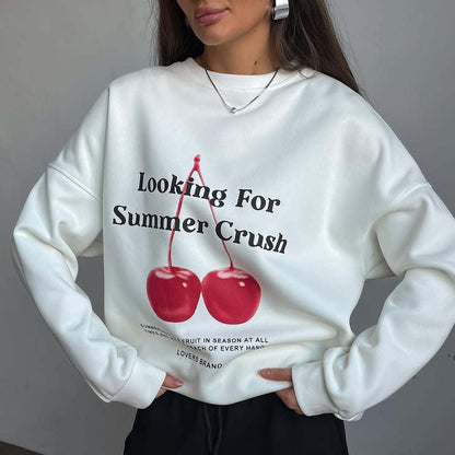 Women’s Pullover Sweatshirt – Oversized Fit – Cotton Feel – Graphic Cherry Print – Crew Neck – Long Sleeve
