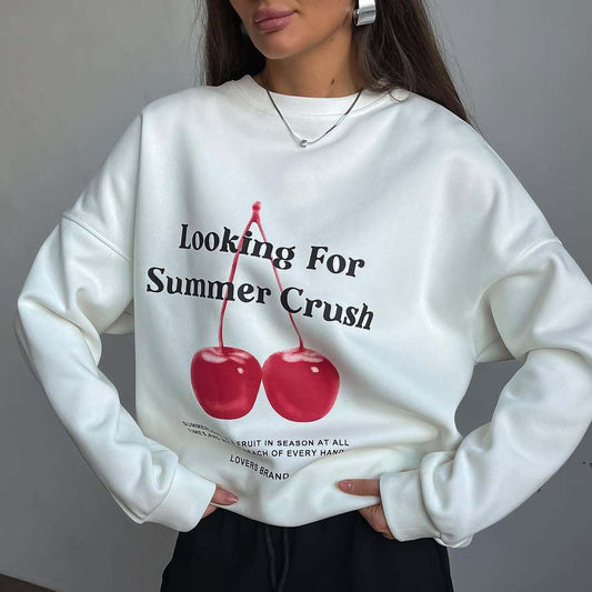Women’s Pullover Sweatshirt – Oversized Fit – Cotton Feel – Graphic Cherry Print – Crew Neck – Long Sleeve