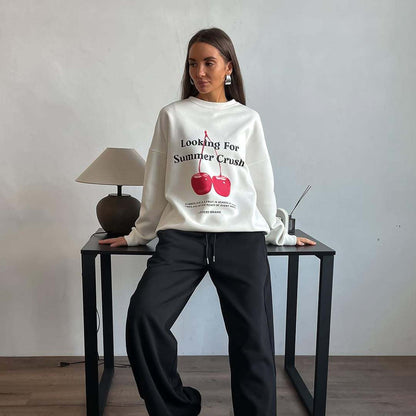 Women’s Pullover Sweatshirt – Oversized Fit – Cotton Feel – Graphic Cherry Print – Crew Neck – Long Sleeve