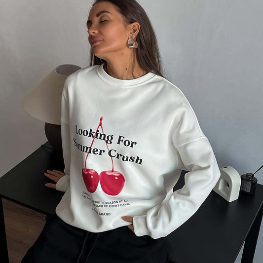 Women’s Pullover Sweatshirt – Oversized Fit – Cotton Feel – Graphic Cherry Print – Crew Neck – Long Sleeve