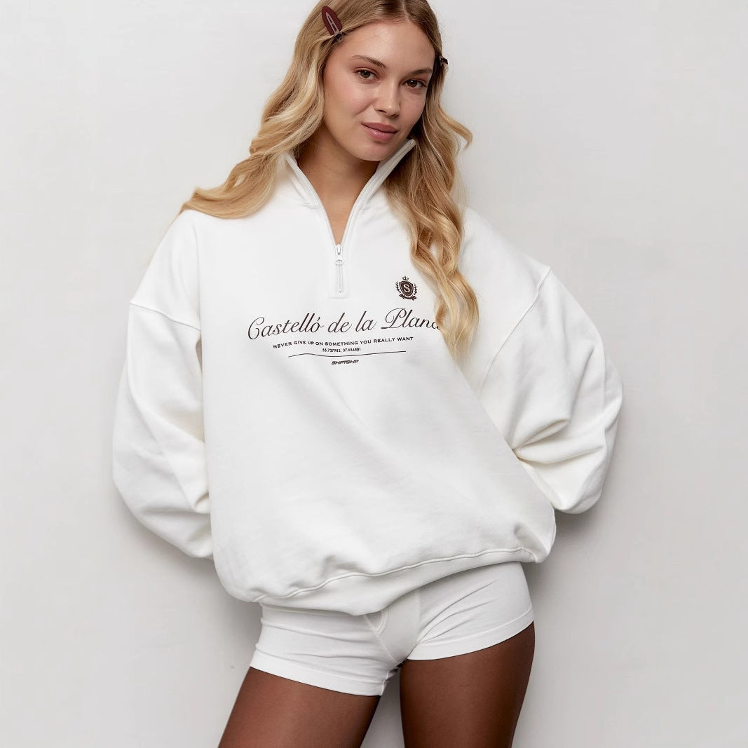 Women’s Pullover Sweatshirt – Oversized Fit – Half Zip Stand Collar – Vintage Graphic