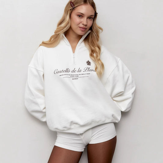Women’s Pullover Sweatshirt – Oversized Fit – Half Zip Stand Collar – Vintage Graphic