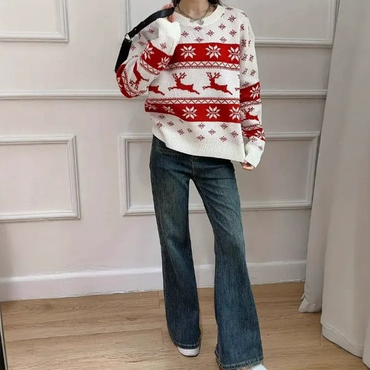 Women’s Pullover Sweatshirt – Relaxed Fit – Knitted Jacquard – Ribbed Crew Neck