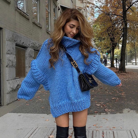 Women’s Pullover Sweatshirt – Wool Chunky Knit – Oversized Fit – Turtleneck – Ribbed Cuffs
