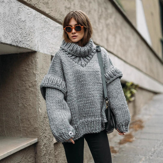 Women’s Pullover Sweatshirt – Wool Chunky Knit – Oversized Fit – Turtleneck – Ribbed Cuffs