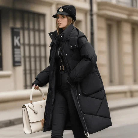 Women’s Quilted Coat – Oversized Fit – Padded Mid-Length – Hooded High Collar