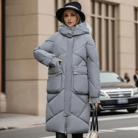 Women’s Quilted Coat – Oversized Fit – Padded Mid-Length – Hooded High Collar