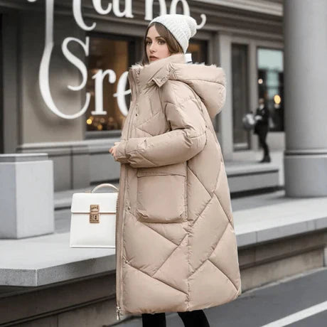 Women’s Quilted Coat – Oversized Fit – Padded Mid-Length – Hooded High Collar