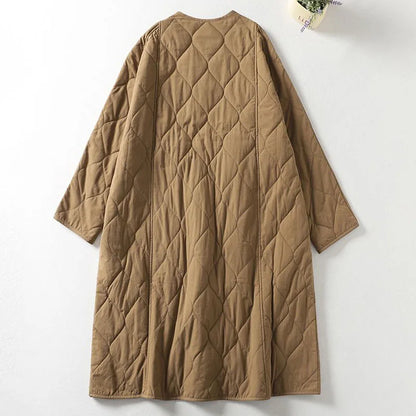 Women’s Quilted Coat – Oversized Relaxed Fit – Longline – V-Neck – Patch Pockets