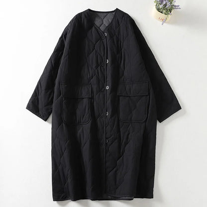 Women’s Quilted Coat – Oversized Relaxed Fit – Longline – V-Neck – Patch Pockets
