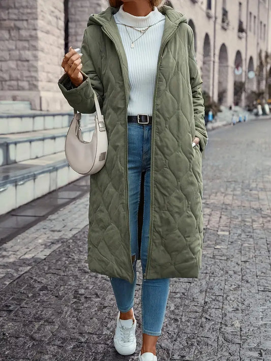 Women’s Quilted Coat – Relaxed Fit – Full Length – Hooded – Soft Padded Cotton Feel