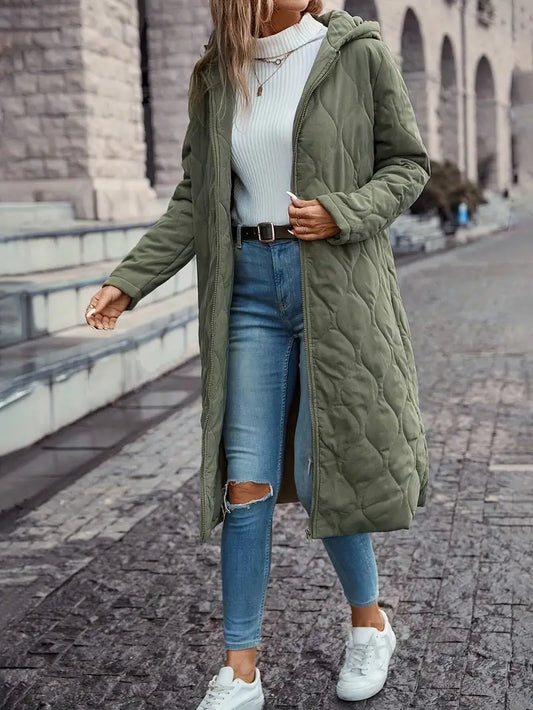 Women’s Quilted Coat – Relaxed Fit – Full Length – Hooded – Soft Padded Cotton Feel
