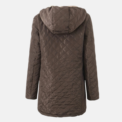 Women’s Quilted Hooded Jacket – Relaxed Fit – Plush Lined – Mid-Thigh Length – Zip Front