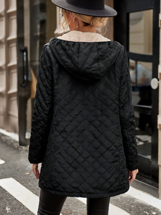 Women’s Quilted Hooded Jacket – Relaxed Fit – Plush Lined – Mid-Thigh Length – Zip Front