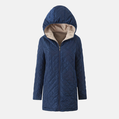 Women’s Quilted Hooded Jacket – Relaxed Fit – Plush Lined – Mid-Thigh Length – Zip Front