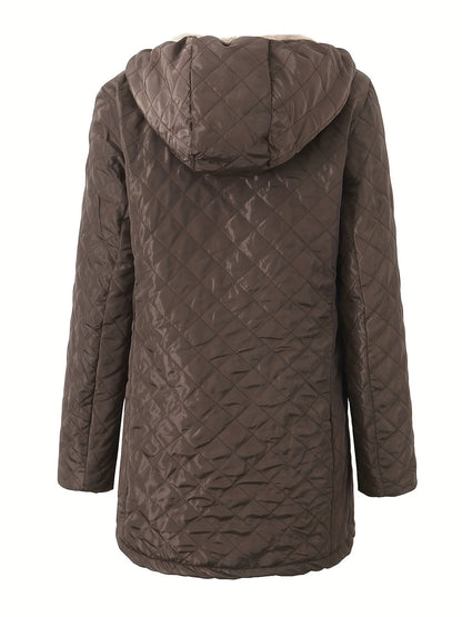 Women’s Quilted Hooded Jacket – Relaxed Fit – Plush Lined – Mid-Thigh Length – Zip Front
