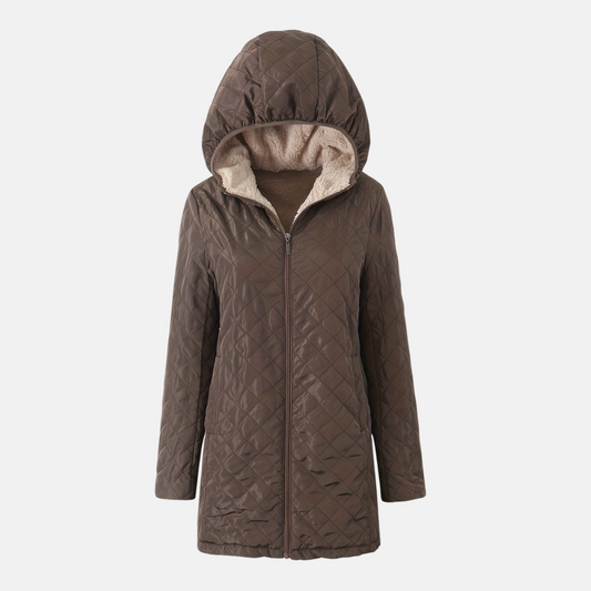 Women’s Quilted Hooded Jacket – Relaxed Fit – Plush Lined – Mid-Thigh Length – Zip Front