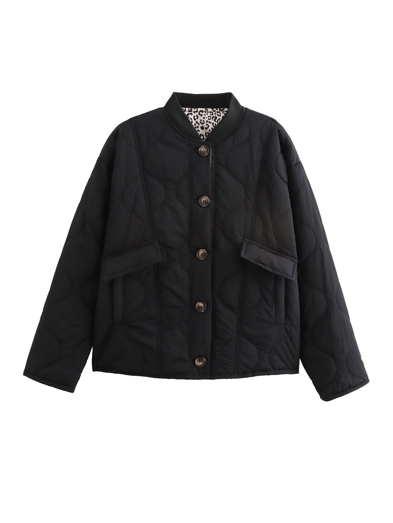 Women’s Quilted Jacket - Button Front - Leopard Cuffs - Casual Chic