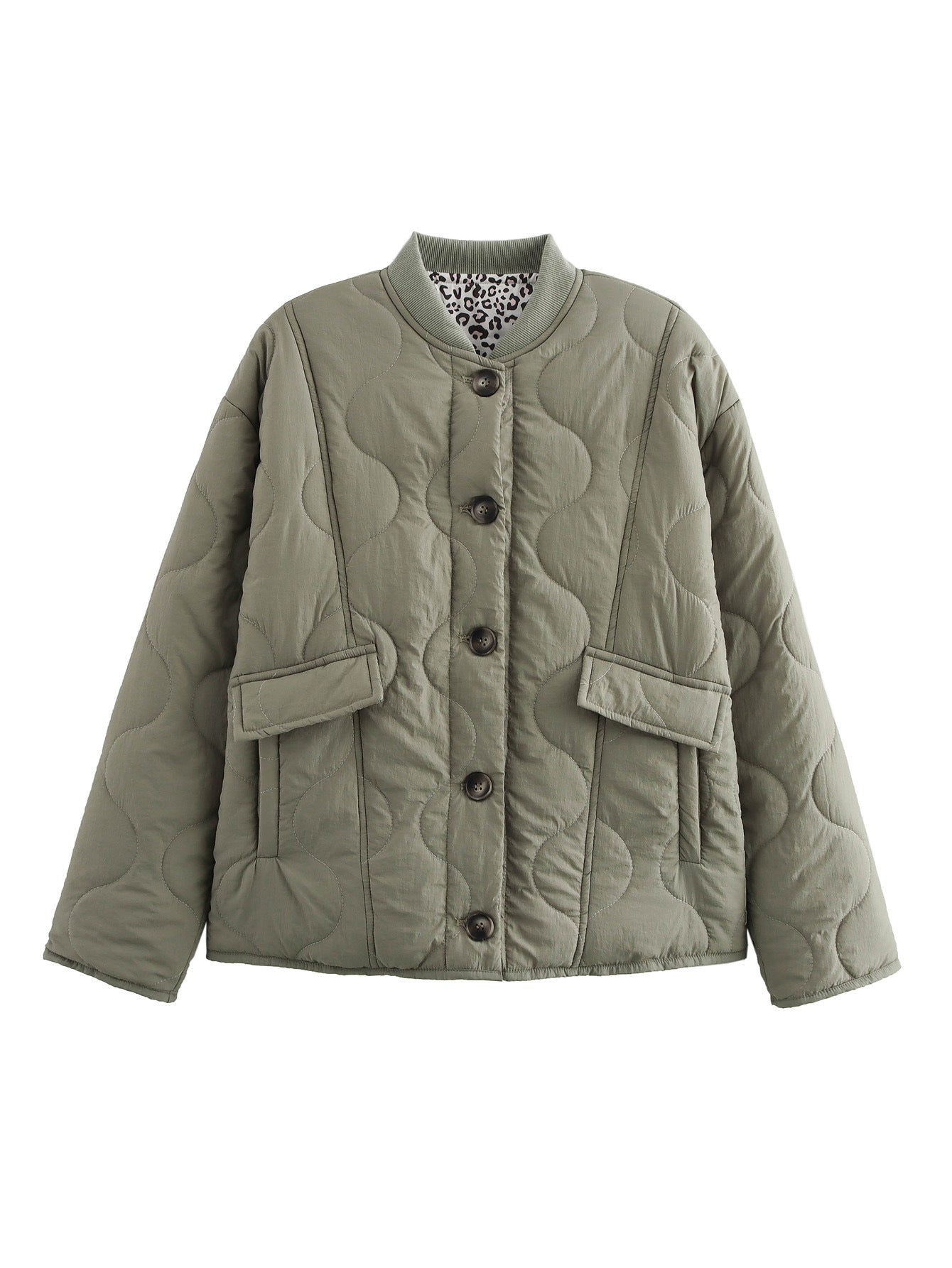 Women’s Quilted Jacket - Button Front - Leopard Cuffs - Casual Chic