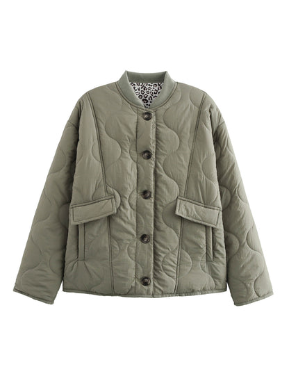 Women’s Quilted Jacket - Button Front - Leopard Cuffs - Casual Chic