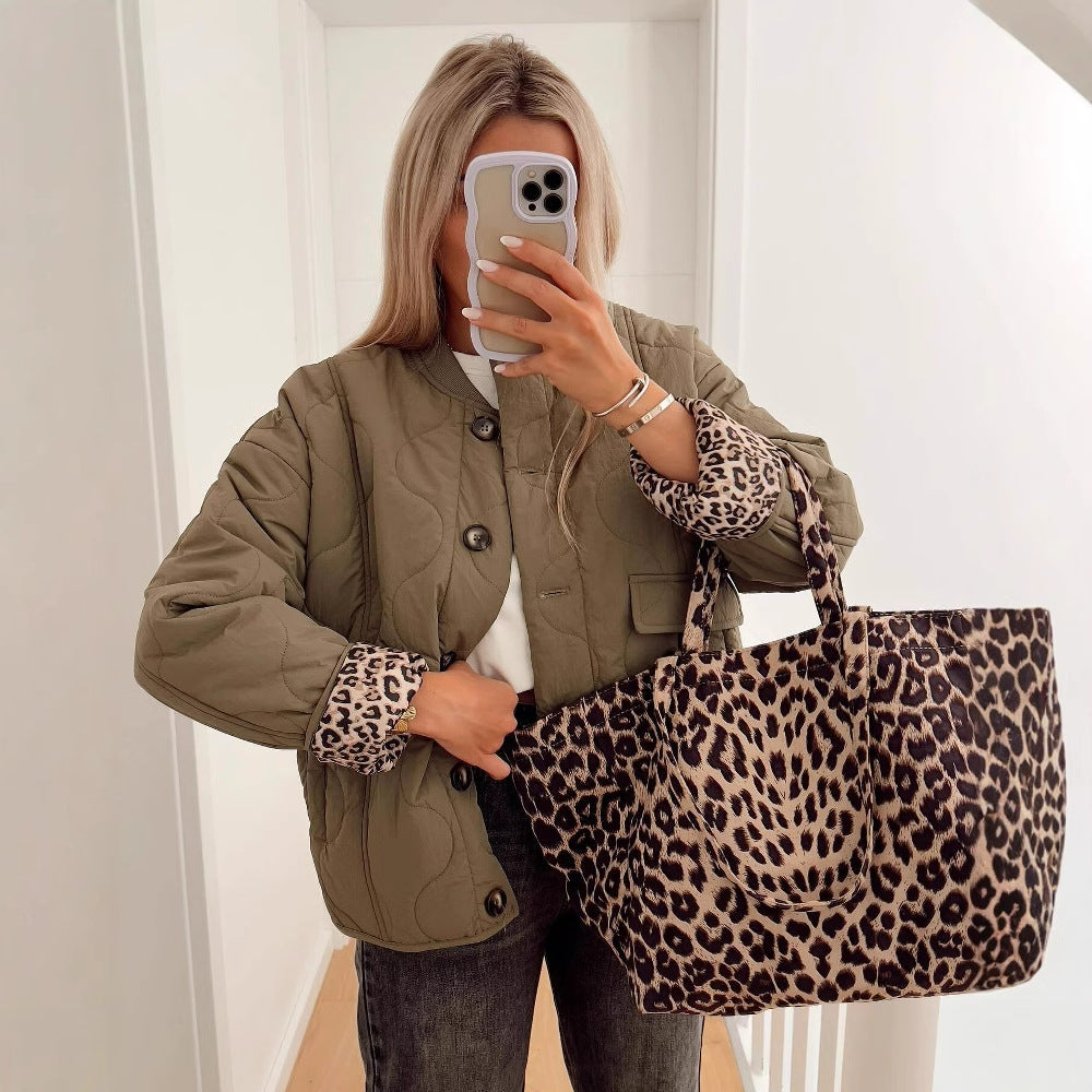 Women’s Quilted Jacket - Button Front - Leopard Cuffs - Casual Chic