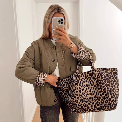 Women’s Quilted Jacket - Button Front - Leopard Cuffs - Casual Chic